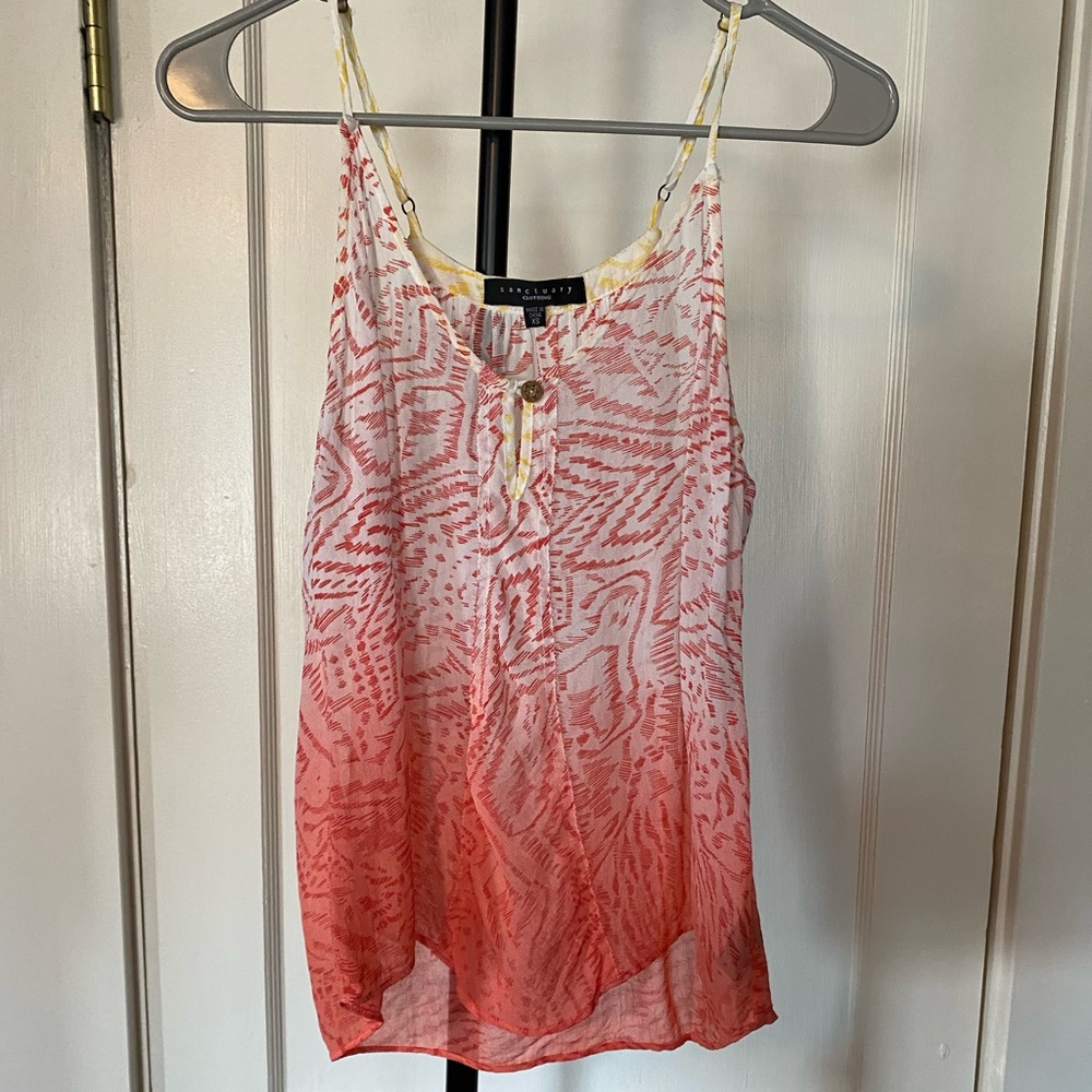 Sanctuary Printed V Neck Cami Tank w/Contrast Border, Pink/Yellow, Size XS